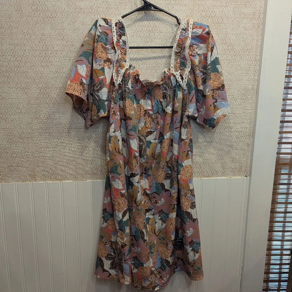 Jodifl Floral Boho Dress, Eyelet Lace Trim Ruffle Sleeve Knee Length Dress Large - Picture 6 of 8